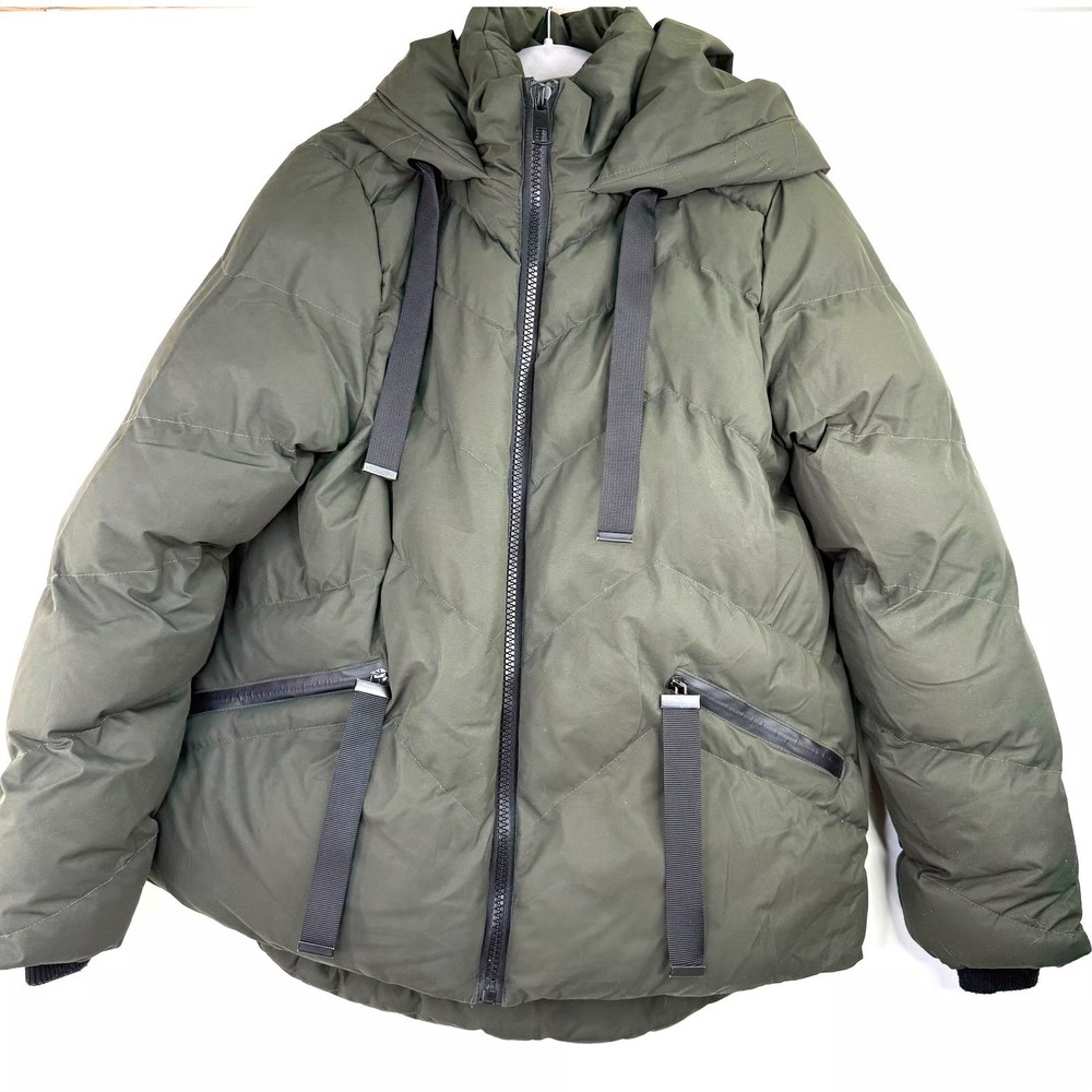 Saint & Sinner Puffer Jacket Hooded Olive Green Quilted Zipper Women US‎ L UK 14